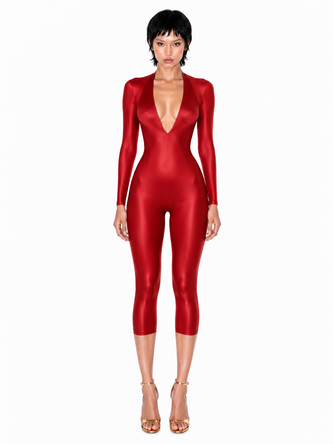 SAKURA LONG SLEEVE RED HALTER JUMPSUIT