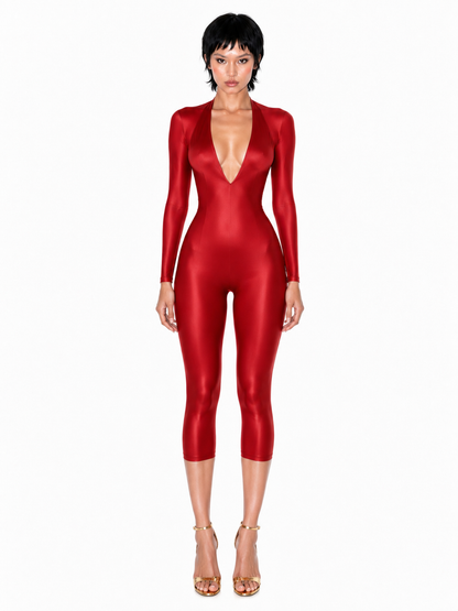 SAKURA LONG SLEEVE RED HALTER JUMPSUIT