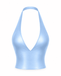 SAKURA BLUE CROP SATIN HALTER TOP