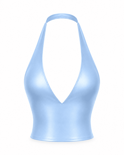 SAKURA BLUE CROP SATIN HALTER TOP - SWEET TALK